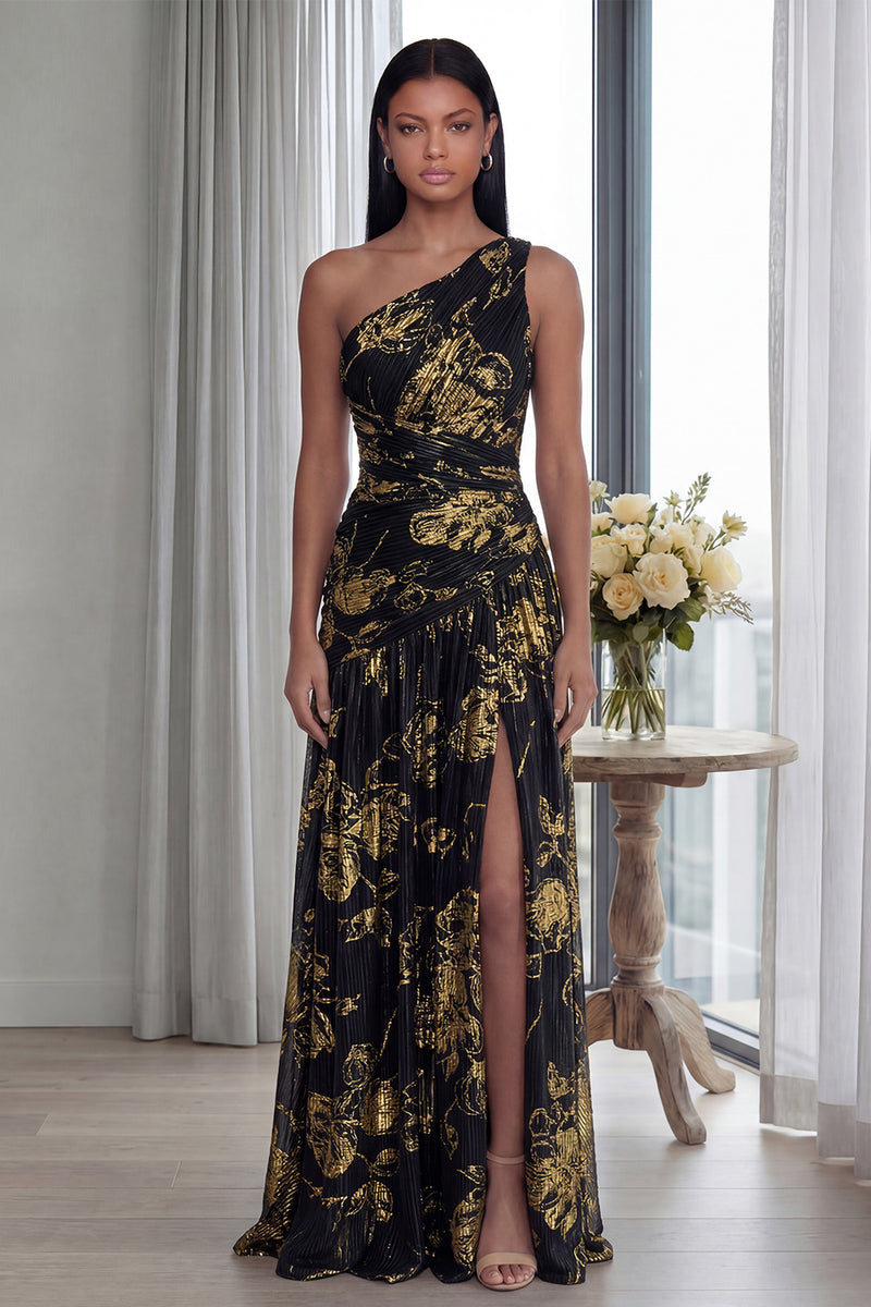 Laden Sie das Bild in den Galerie-Viewer, Golden Einschulteriges Falten Langes Festkleid mit Schlitz