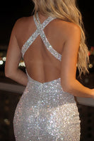Laden Sie das Bild in den Galerie-Viewer, Glitzerndes silbernes Neckholder-Neckholder-Kurzpailletten-Cocktailkleid