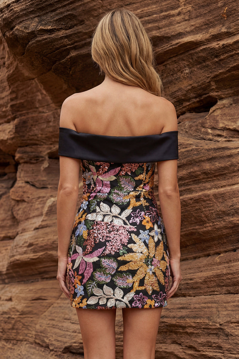 Laden Sie das Bild in den Galerie-Viewer, Glitzerndes schwarzes Off-the-shoulder Bodycon-Cocktailkleid mit Pailletten