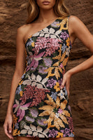 Laden Sie das Bild in den Galerie-Viewer, Glitzerndes schwarzes einschulteriges Bodycon-Cocktailkleid mit Pailletten