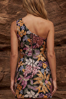 Laden Sie das Bild in den Galerie-Viewer, Glitzerndes schwarzes einschulteriges Bodycon-Cocktailkleid mit Pailletten