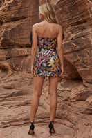 Laden Sie das Bild in den Galerie-Viewer, Glitzerndes schwarzes, trägerloses Bodycon-Pailletten-Cocktailkleid mit Schleife