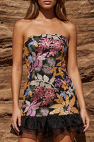 Laden Sie das Bild in den Galerie-Viewer, Glitzerndes schwarzes Bodycon trägerloses Pailletten-Cocktailkleid mit Rüschen