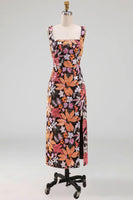 Laden Sie das Bild in den Galerie-Viewer, Schwarzes Quadrathals Blumen Hochzeitsgast Kleid mit Schlitz