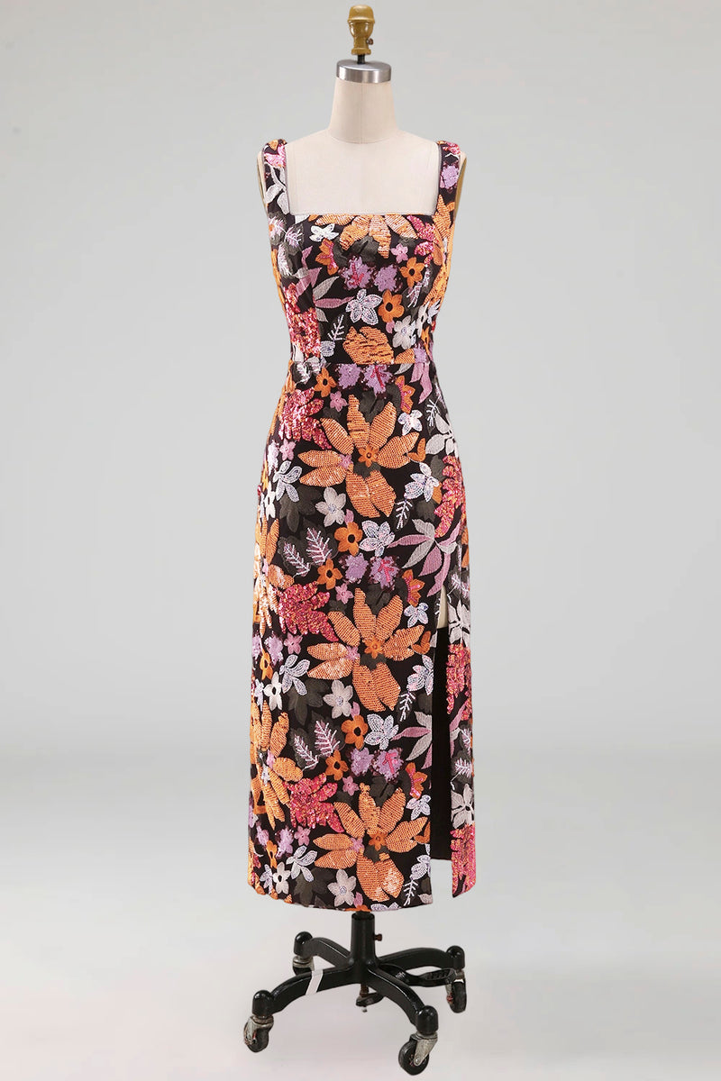 Laden Sie das Bild in den Galerie-Viewer, Schwarzes Quadrathals Blumen Hochzeitsgast Kleid mit Schlitz