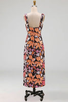 Laden Sie das Bild in den Galerie-Viewer, Schwarzes Quadrathals Blumen Hochzeitsgast Kleid mit Schlitz