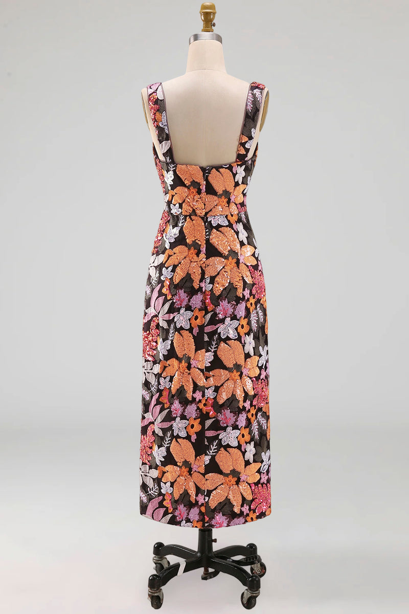Laden Sie das Bild in den Galerie-Viewer, Schwarzes Quadrathals Blumen Hochzeitsgast Kleid mit Schlitz