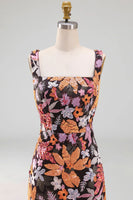 Laden Sie das Bild in den Galerie-Viewer, Schwarzes Quadrathals Blumen Hochzeitsgast Kleid mit Schlitz
