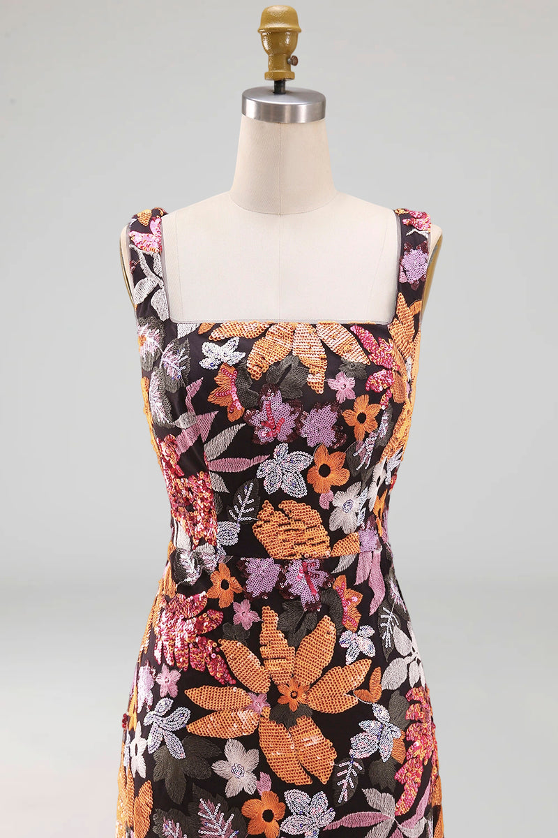 Laden Sie das Bild in den Galerie-Viewer, Schwarzes Quadrathals Blumen Hochzeitsgast Kleid mit Schlitz