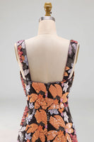 Laden Sie das Bild in den Galerie-Viewer, Schwarzes Quadrathals Blumen Hochzeitsgast Kleid mit Schlitz