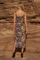 Laden Sie das Bild in den Galerie-Viewer, Schwarzes Quadrathals Blumen Hochzeitsgast Kleid mit Schlitz