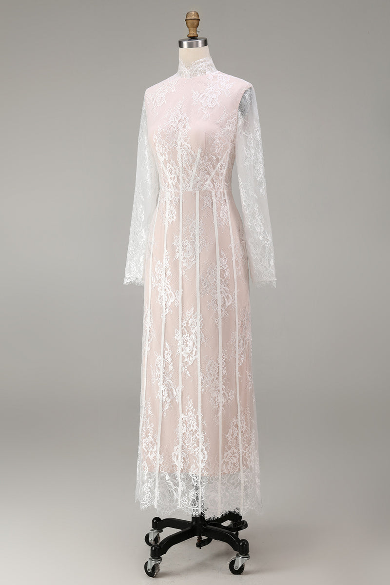 Laden Sie das Bild in den Galerie-Viewer, Weißes Sheath Spitze Langarmiges Standesamt Kleid
