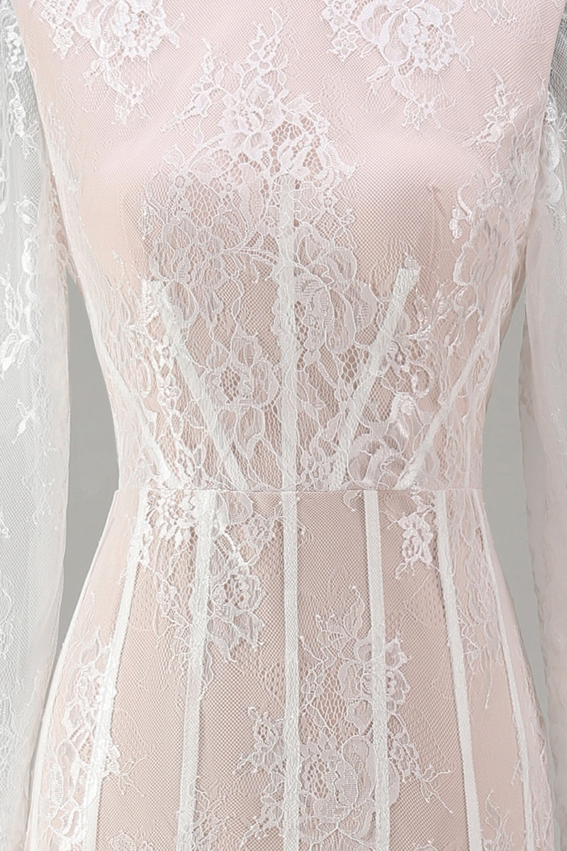 Laden Sie das Bild in den Galerie-Viewer, Weißes Sheath Spitze Langarmiges Standesamt Kleid