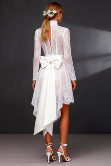 Weißes Spitze A-Linie Langärmeliges Standesamt Kleid mit Schleife