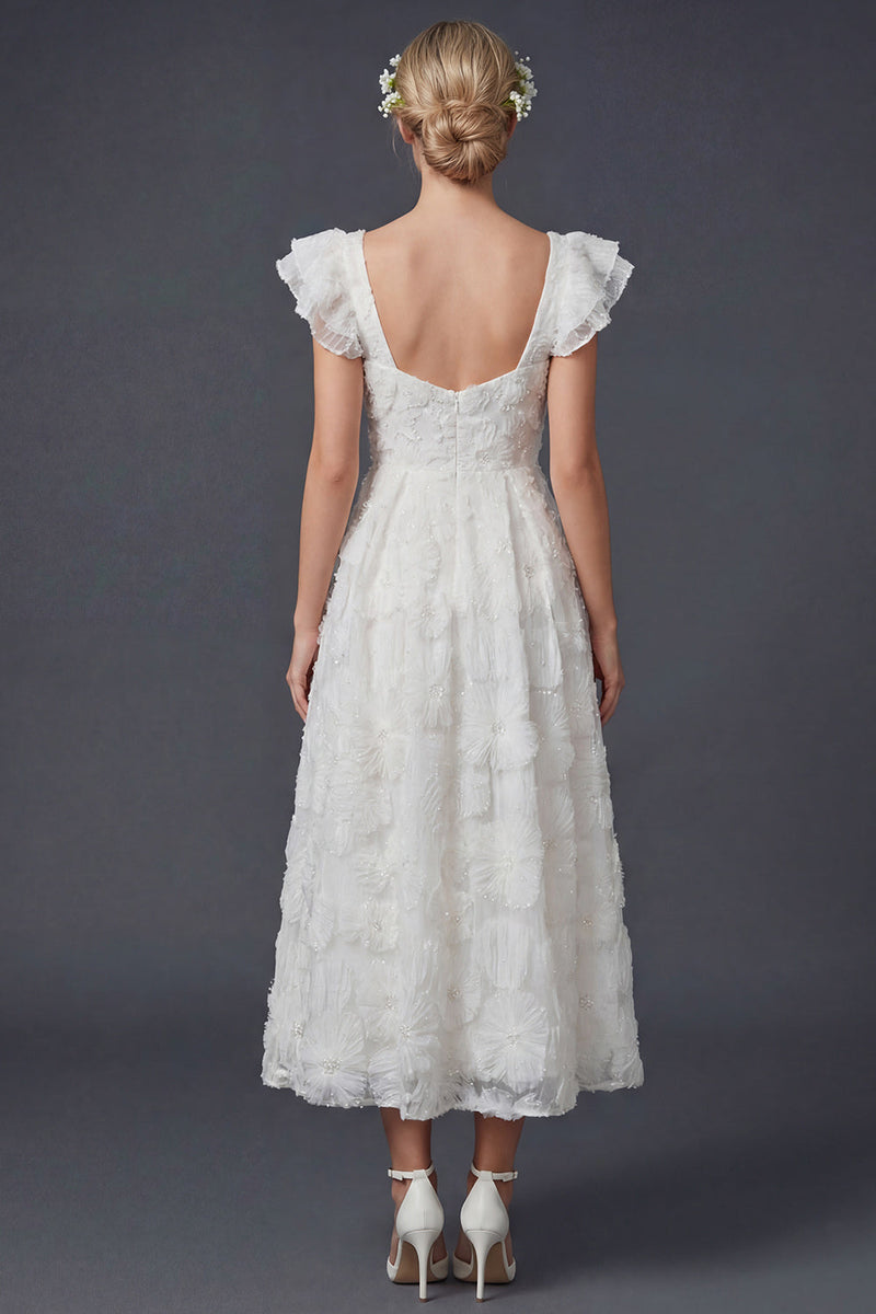 Laden Sie das Bild in den Galerie-Viewer, Weißes 3D-Blumen A-Linie Langes Standesamt Kleid mit quadratischem Ausschnitt