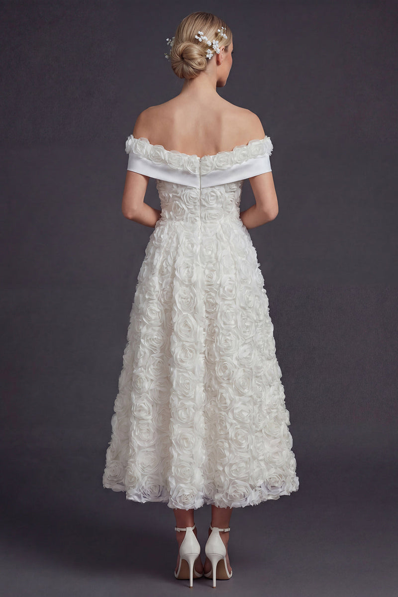 Laden Sie das Bild in den Galerie-Viewer, Weißes Schulterfreies Langes Standesamt Kleid mit 3D-Blumen