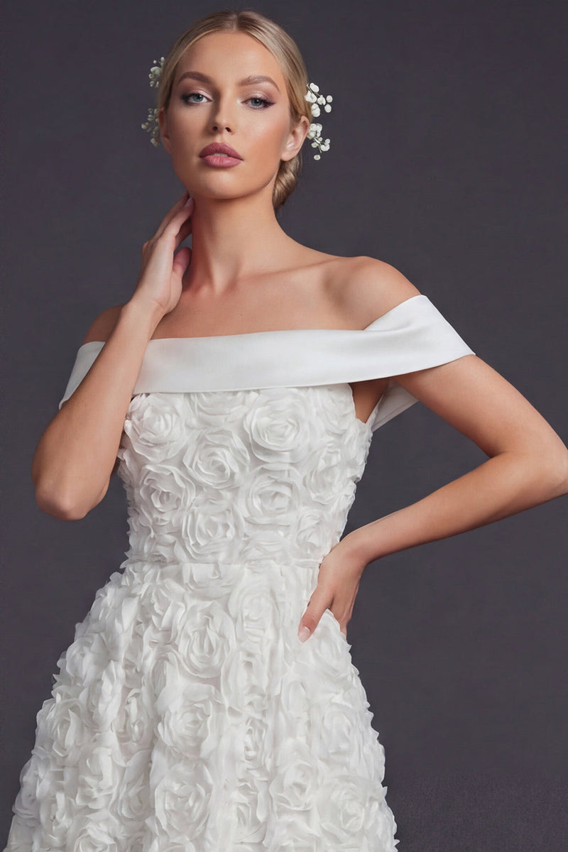 Laden Sie das Bild in den Galerie-Viewer, Schulterfreies Weißes 3D-Blumen A Linie Langes Standesamt Kleid