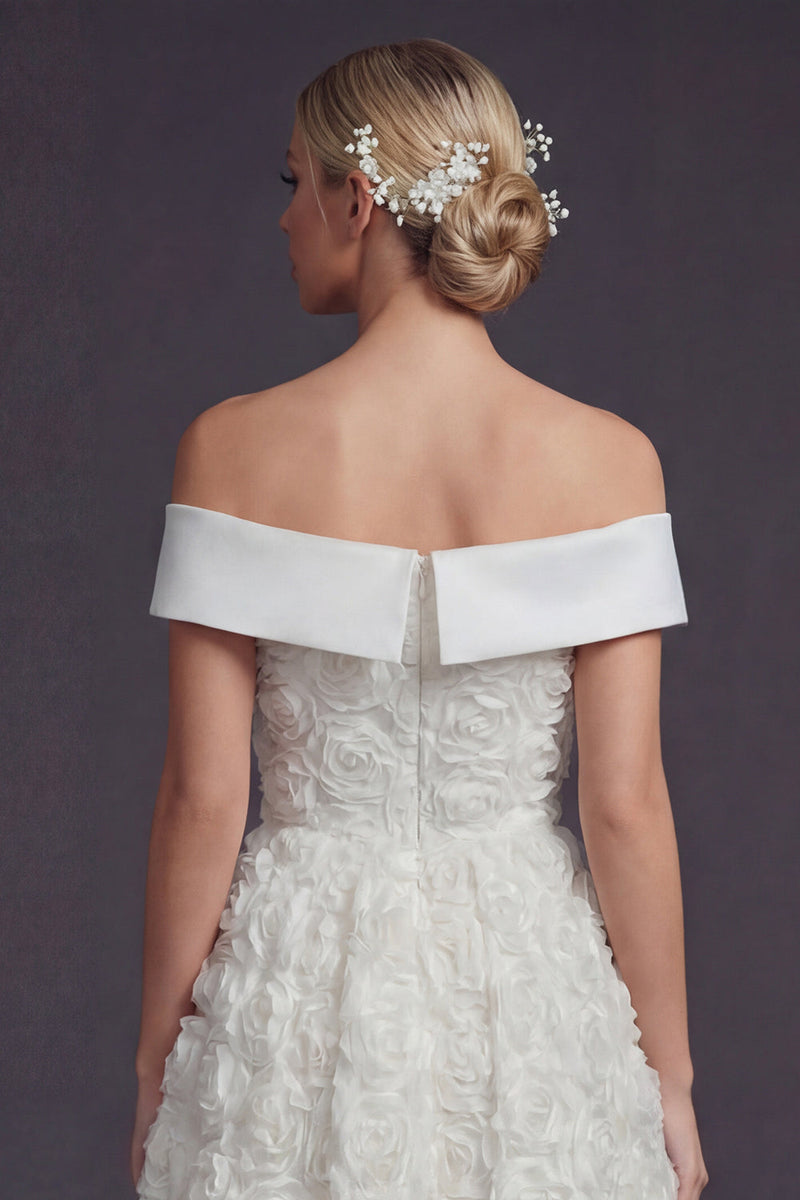 Laden Sie das Bild in den Galerie-Viewer, Schulterfreies Weißes 3D-Blumen A Linie Langes Standesamt Kleid