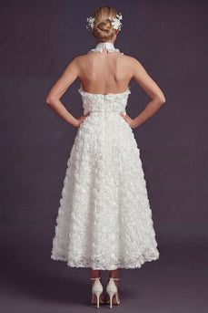 Weißes Neckholder Langes Hochzeitskleid mit 3D-Blumen