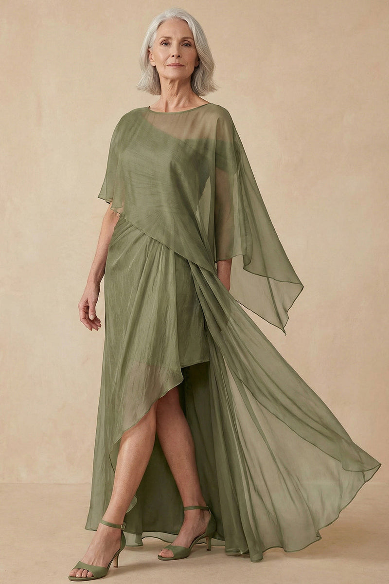 Laden Sie das Bild in den Galerie-Viewer, Dusty Sage A-Linie Asymmetrisches Mutter der Braut Kleid mit Wickel