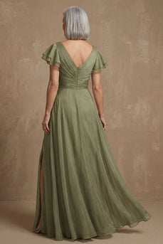 Staubiger Salbei A-Linie Gerafftes Mutter der Braut Kleid mit flatternden Ärmeln und Schlitz