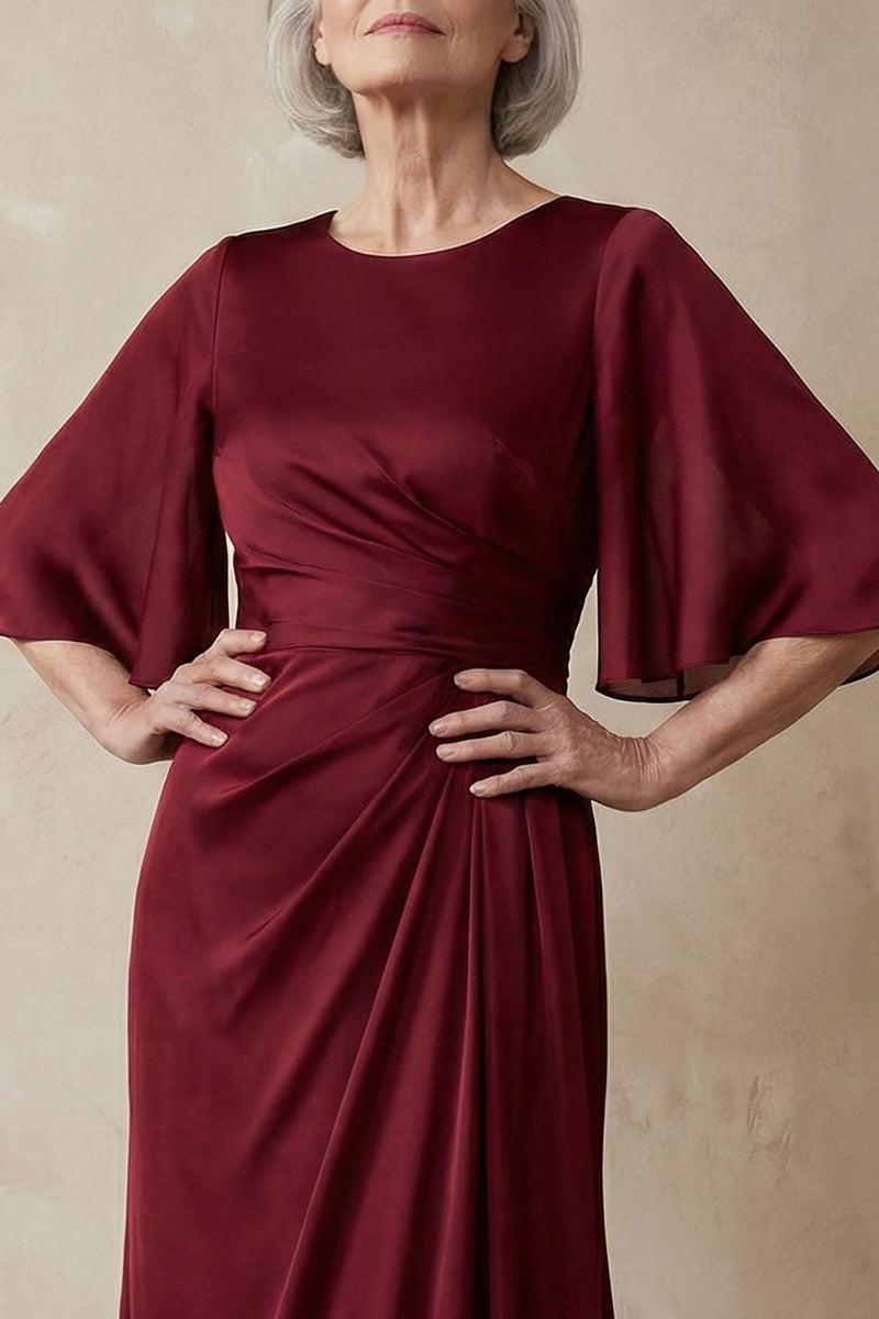 Laden Sie das Bild in den Galerie-Viewer, Rotes Satin Scheide Rundhals Mutter der Braut Kleid mit halben Ärmeln