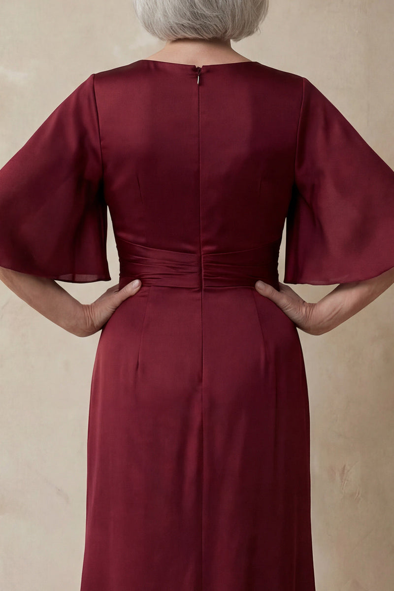 Laden Sie das Bild in den Galerie-Viewer, Rotes Satin Scheide Rundhals Mutter der Braut Kleid mit halben Ärmeln
