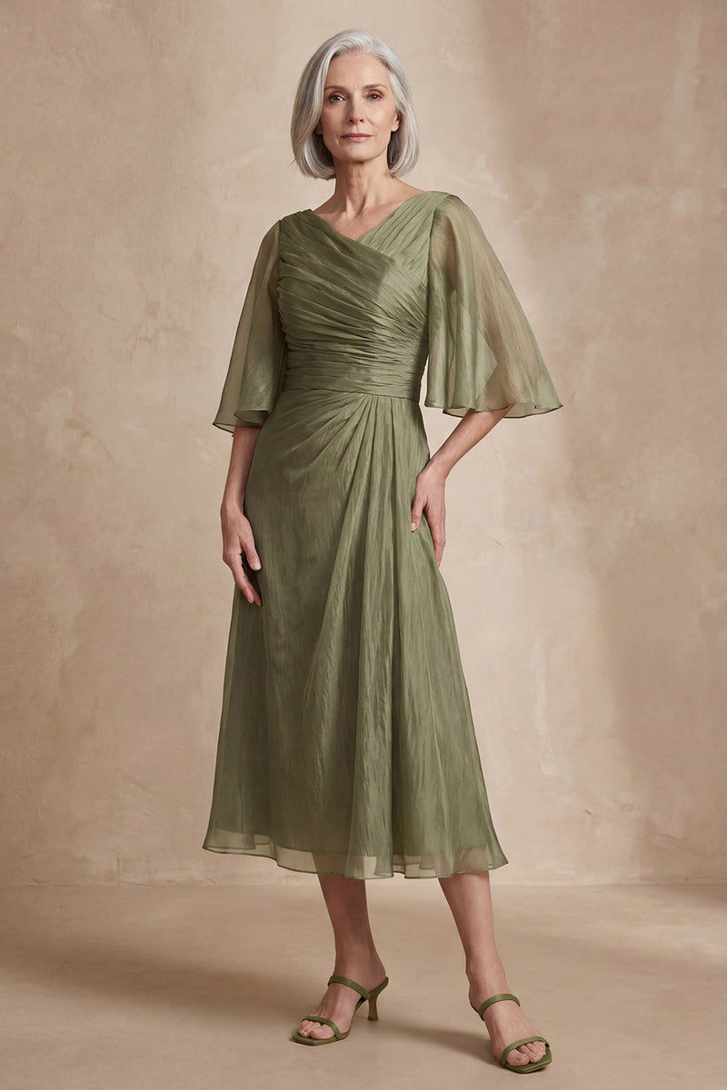 Laden Sie das Bild in den Galerie-Viewer, Dusty Sage A Linie Plissierte Halbärmel Midi Mutter der Braut Kleid