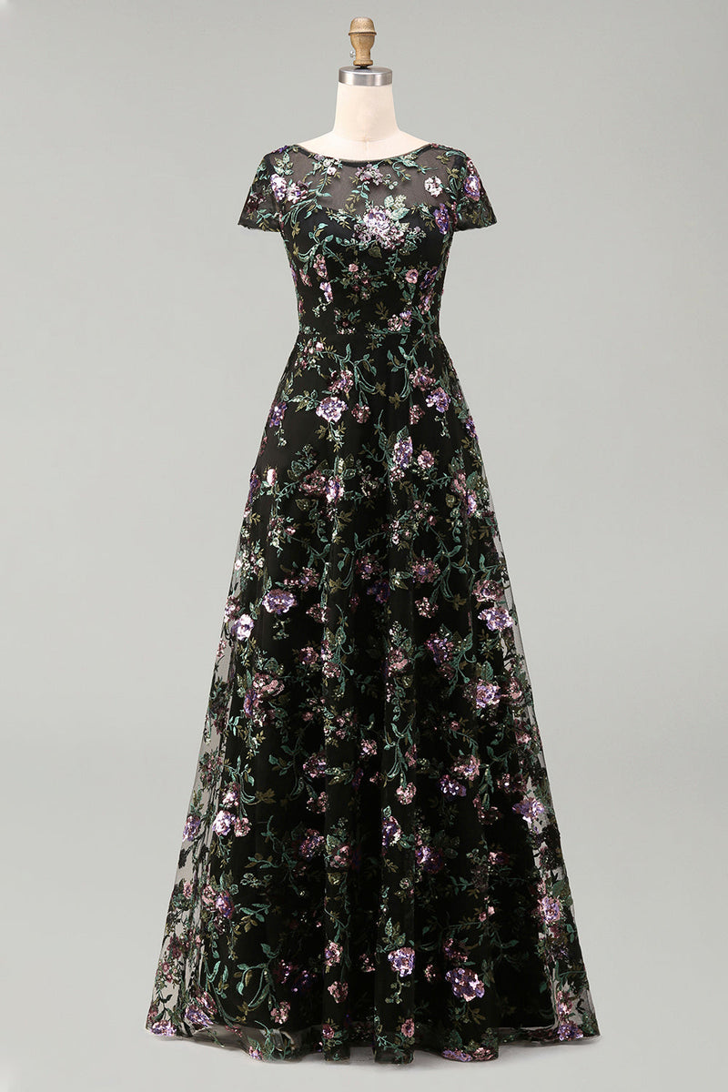 Laden Sie das Bild in den Galerie-Viewer, Schwarzes A-Linien-Blümchen, Rundhals-Langkleid mit Pailletten und Pailletten