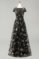 Laden Sie das Bild in den Galerie-Viewer, Schwarzes A-Linien-Blümchen, Rundhals-Langkleid mit Pailletten und Pailletten