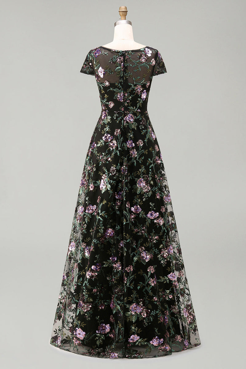 Laden Sie das Bild in den Galerie-Viewer, Schwarzes A-Linien-Blümchen, Rundhals-Langkleid mit Pailletten und Pailletten