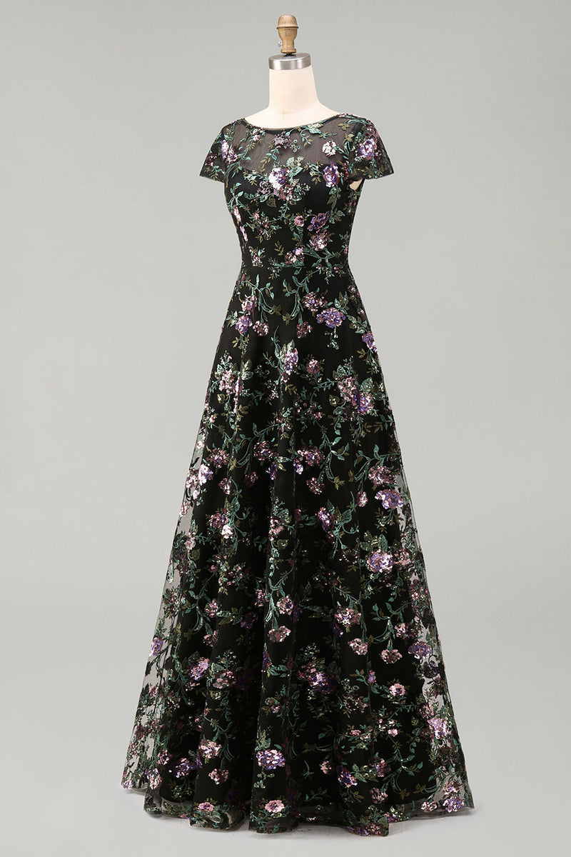Laden Sie das Bild in den Galerie-Viewer, Schwarzes A-Linien-Blümchen, Rundhals-Langkleid mit Pailletten und Pailletten