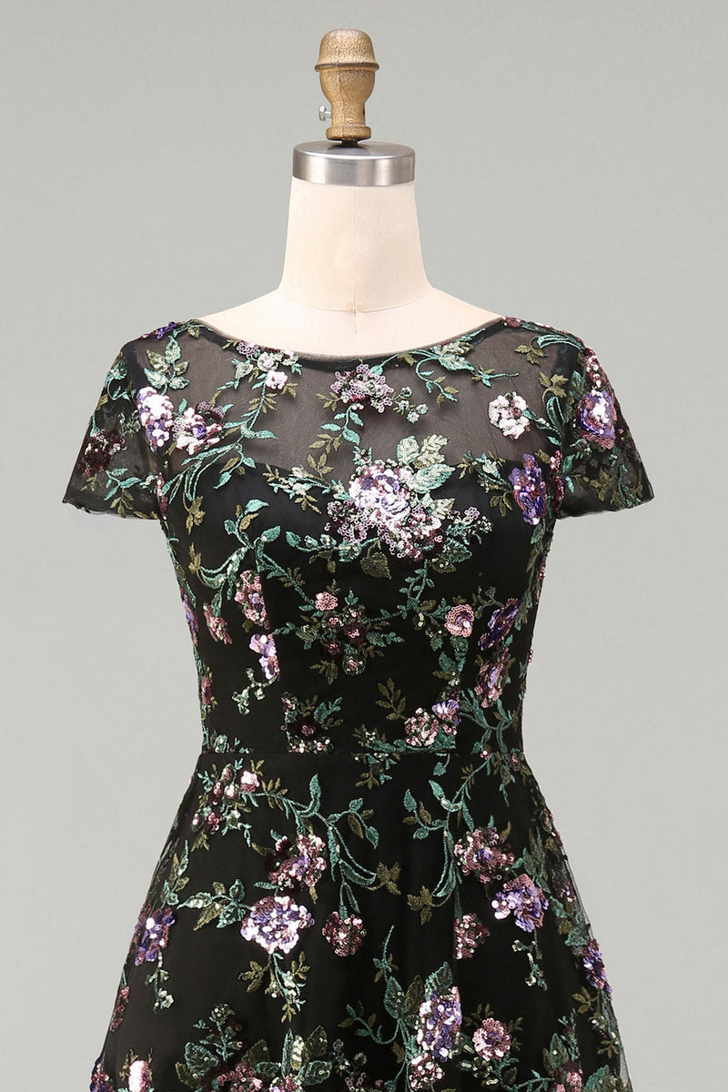 Laden Sie das Bild in den Galerie-Viewer, Schwarzes A-Linien-Blümchen, Rundhals-Langkleid mit Pailletten und Pailletten