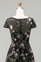 Laden Sie das Bild in den Galerie-Viewer, Schwarzes A-Linien-Blümchen, Rundhals-Langkleid mit Pailletten und Pailletten