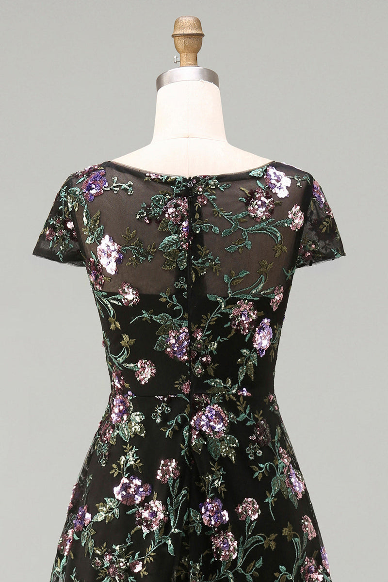 Laden Sie das Bild in den Galerie-Viewer, Schwarzes A-Linien-Blümchen, Rundhals-Langkleid mit Pailletten und Pailletten