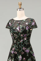 Laden Sie das Bild in den Galerie-Viewer, Schwarzes A-Linien-Blümchen, Rundhals-Langkleid mit Pailletten und Pailletten