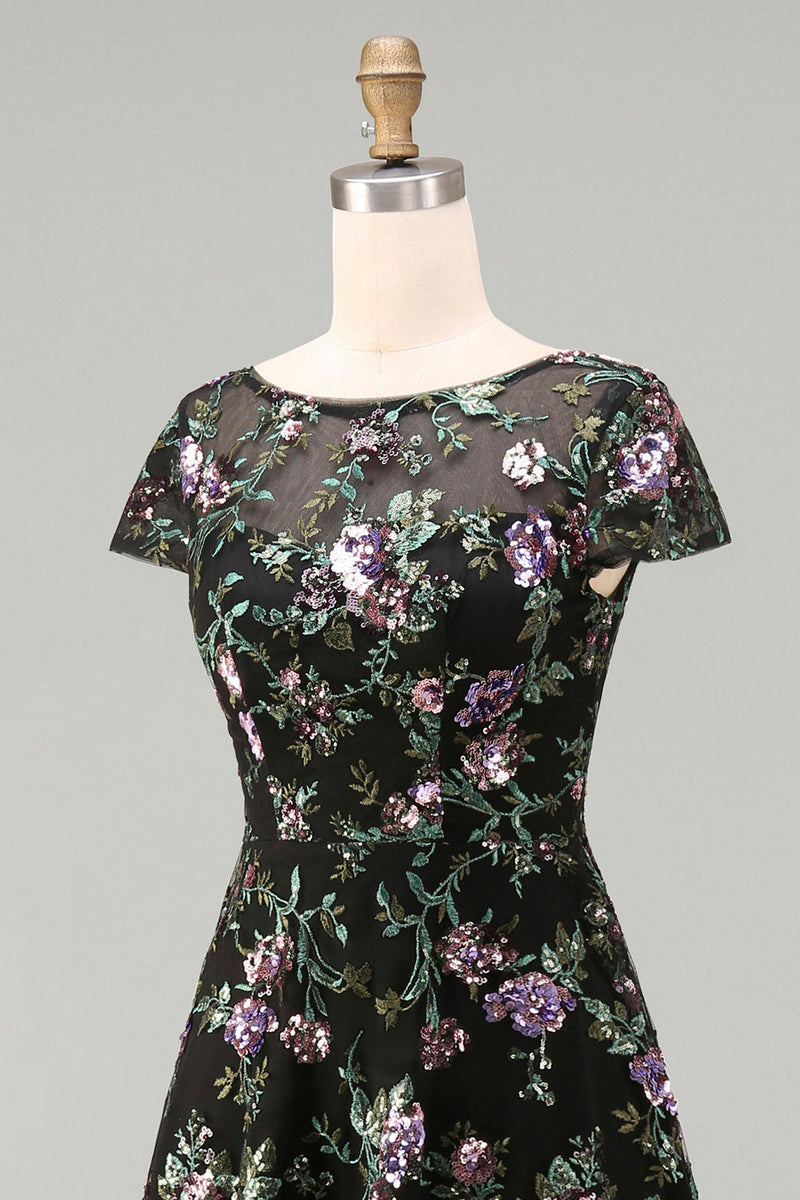 Laden Sie das Bild in den Galerie-Viewer, Schwarzes A-Linien-Blümchen, Rundhals-Langkleid mit Pailletten und Pailletten