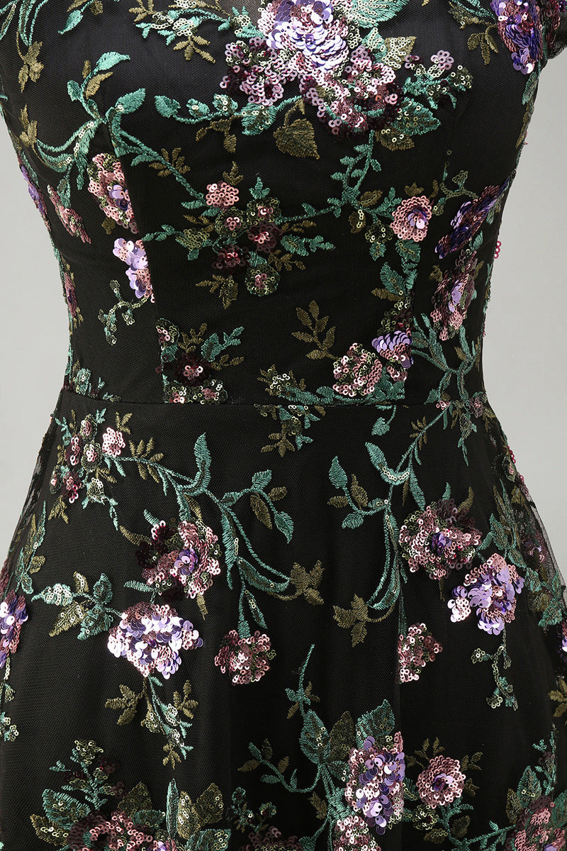 Laden Sie das Bild in den Galerie-Viewer, Schwarzes A-Linien-Blümchen, Rundhals-Langkleid mit Pailletten und Pailletten