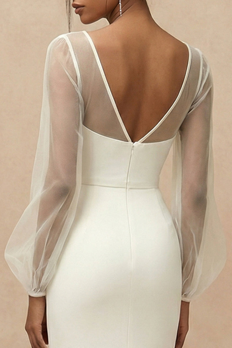 Laden Sie das Bild in den Galerie-Viewer, Weißes Bateau-Hals Standesamt Kleid mit langen Ärmeln