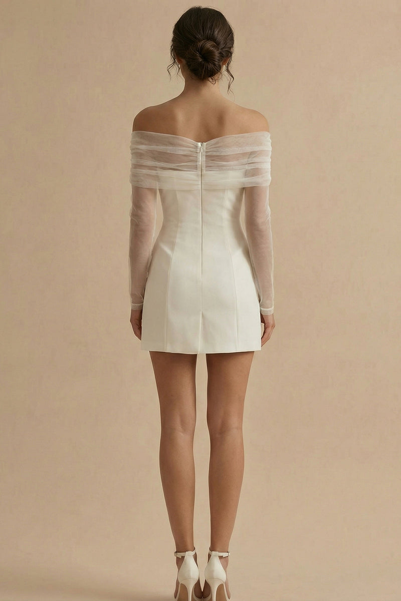 Laden Sie das Bild in den Galerie-Viewer, Schulterfreies Zweireihriges Bodycon Standesamt Kleid mit langen Ärmeln