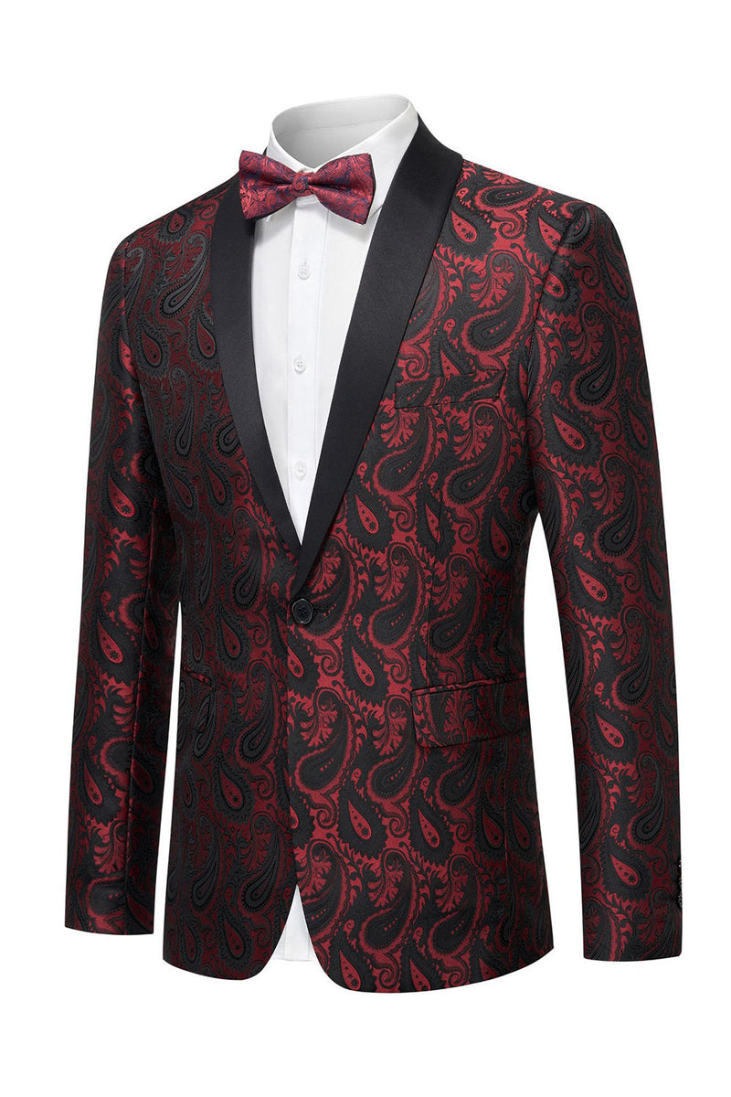 Laden Sie das Bild in den Galerie-Viewer, Schwarzer Jacquard Shawl Revers Einreihiger Herrenblazer mit Fliege