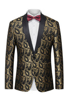 Laden Sie das Bild in den Galerie-Viewer, Schwarzer Jacquard Shawl Revers Einreihiger Herrenblazer mit Fliege