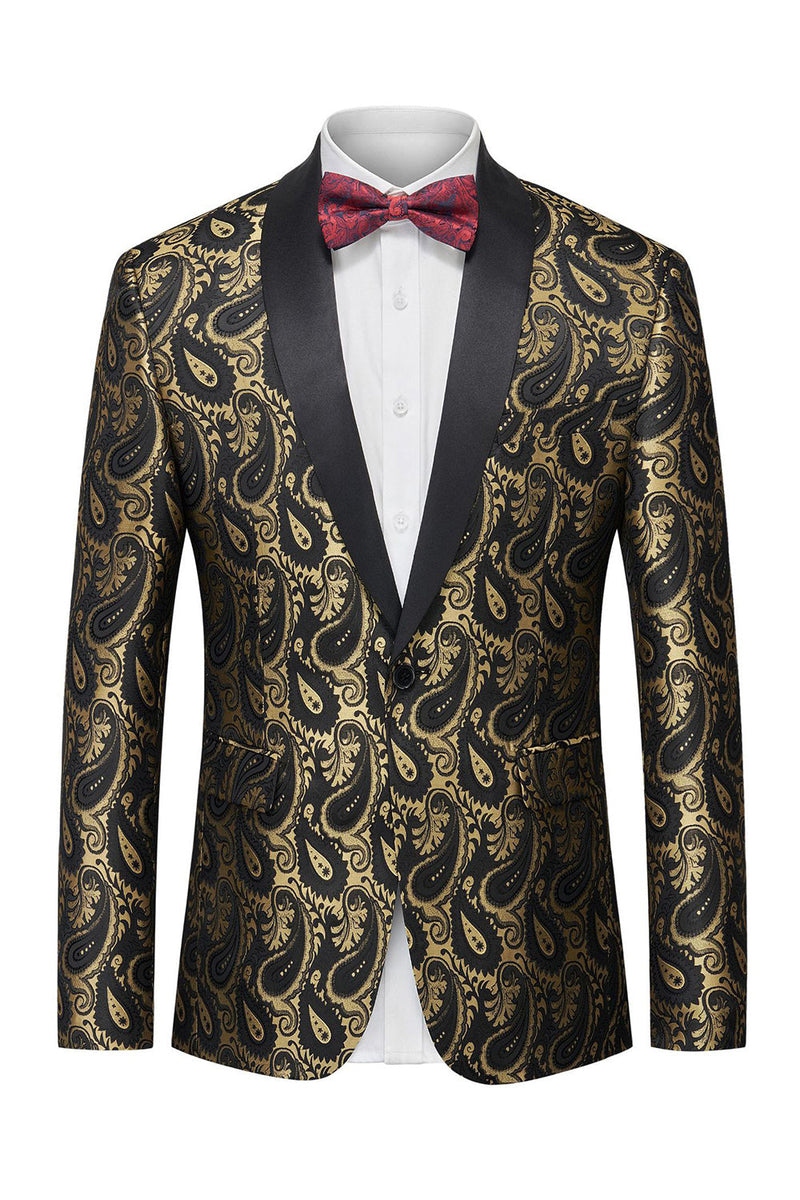 Laden Sie das Bild in den Galerie-Viewer, Schwarzer Jacquard Shawl Revers Einreihiger Herrenblazer mit Fliege