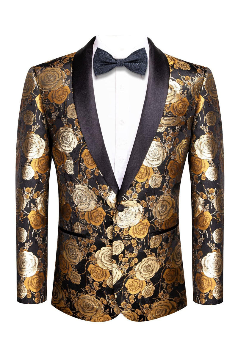 Laden Sie das Bild in den Galerie-Viewer, Golden Jacquard Blumen Shawl Revers Einreihiger Herrenblazer