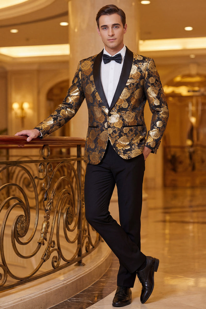 Laden Sie das Bild in den Galerie-Viewer, Golden Jacquard Blumen Shawl Revers Einreihiger Herrenblazer