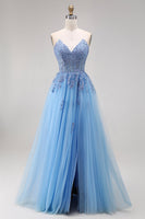 Laden Sie das Bild in den Galerie-Viewer, Blaues Tüll-Korsett A-Linie Sweetheart Appliquiertes Langballkleid mit Schlitz