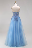 Laden Sie das Bild in den Galerie-Viewer, Blaues Tüll-Korsett A-Linie Sweetheart Appliquiertes Langballkleid mit Schlitz