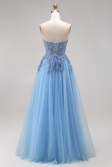 Blaues Tüll-Korsett A-Linie Sweetheart Appliquiertes Langballkleid mit Schlitz