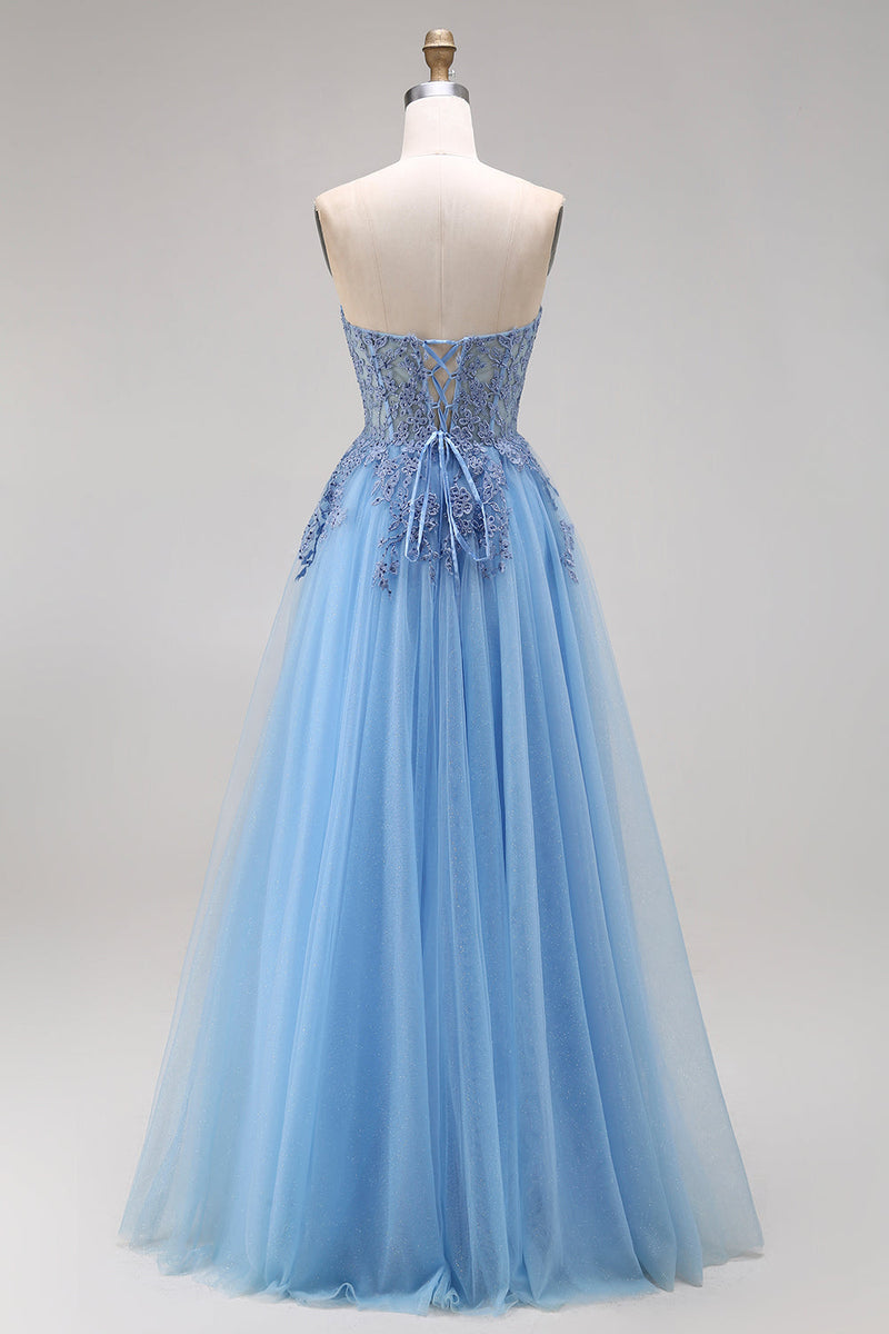 Laden Sie das Bild in den Galerie-Viewer, Blaues Tüll-Korsett A-Linie Sweetheart Appliquiertes Langballkleid mit Schlitz