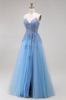 Laden Sie das Bild in den Galerie-Viewer, Blaues Tüll-Korsett A-Linie Sweetheart Appliquiertes Langballkleid mit Schlitz
